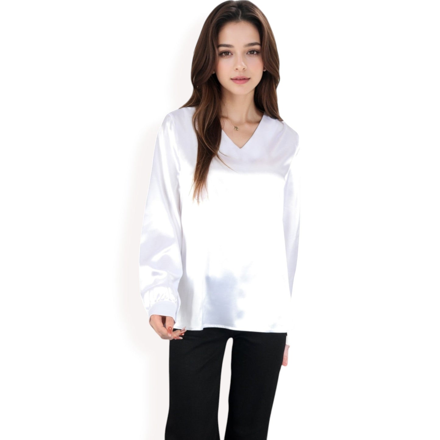 Satin Long Sleeve V-Neck Blouse with Cuffed Sleeves