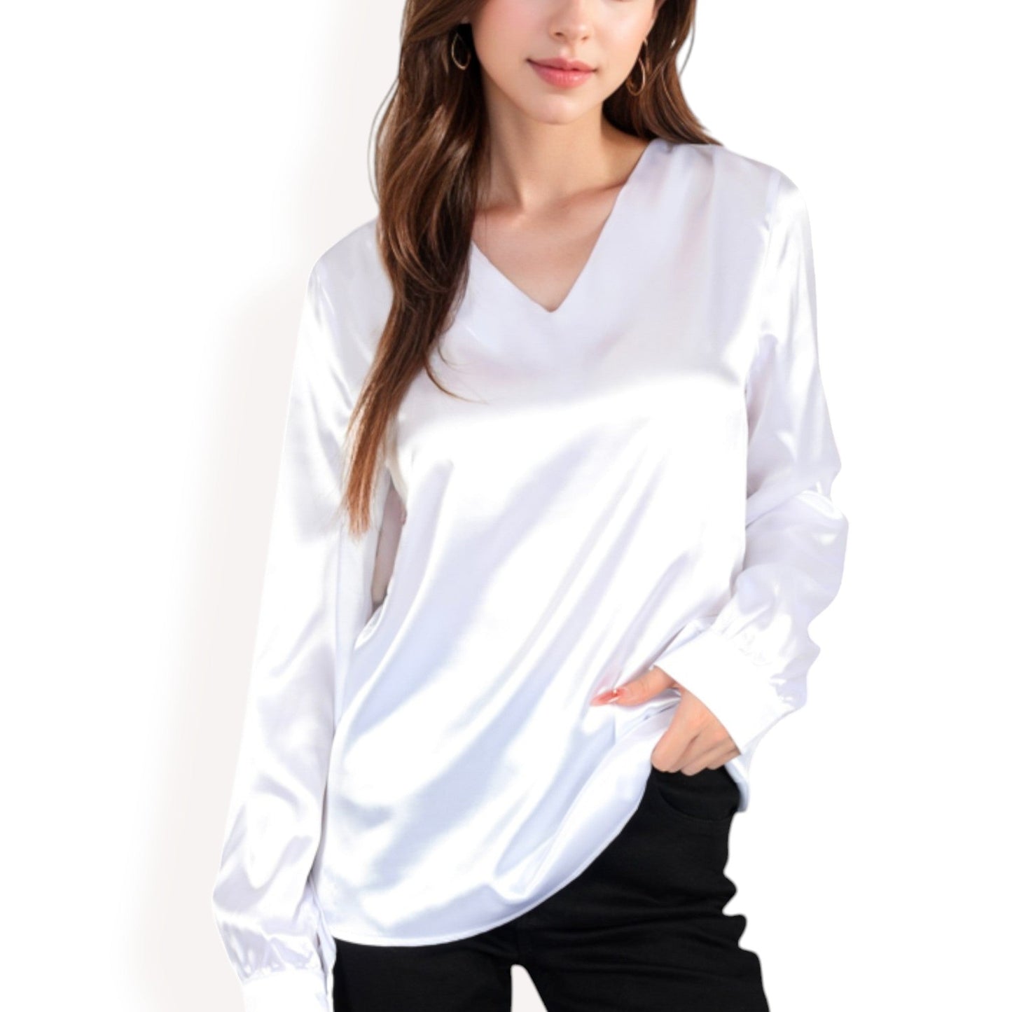 Satin Long Sleeve V-Neck Blouse with Cuffed Sleeves