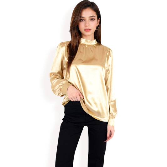 Satin Long Sleeve Blouse with High Neck and Puff Sleeves