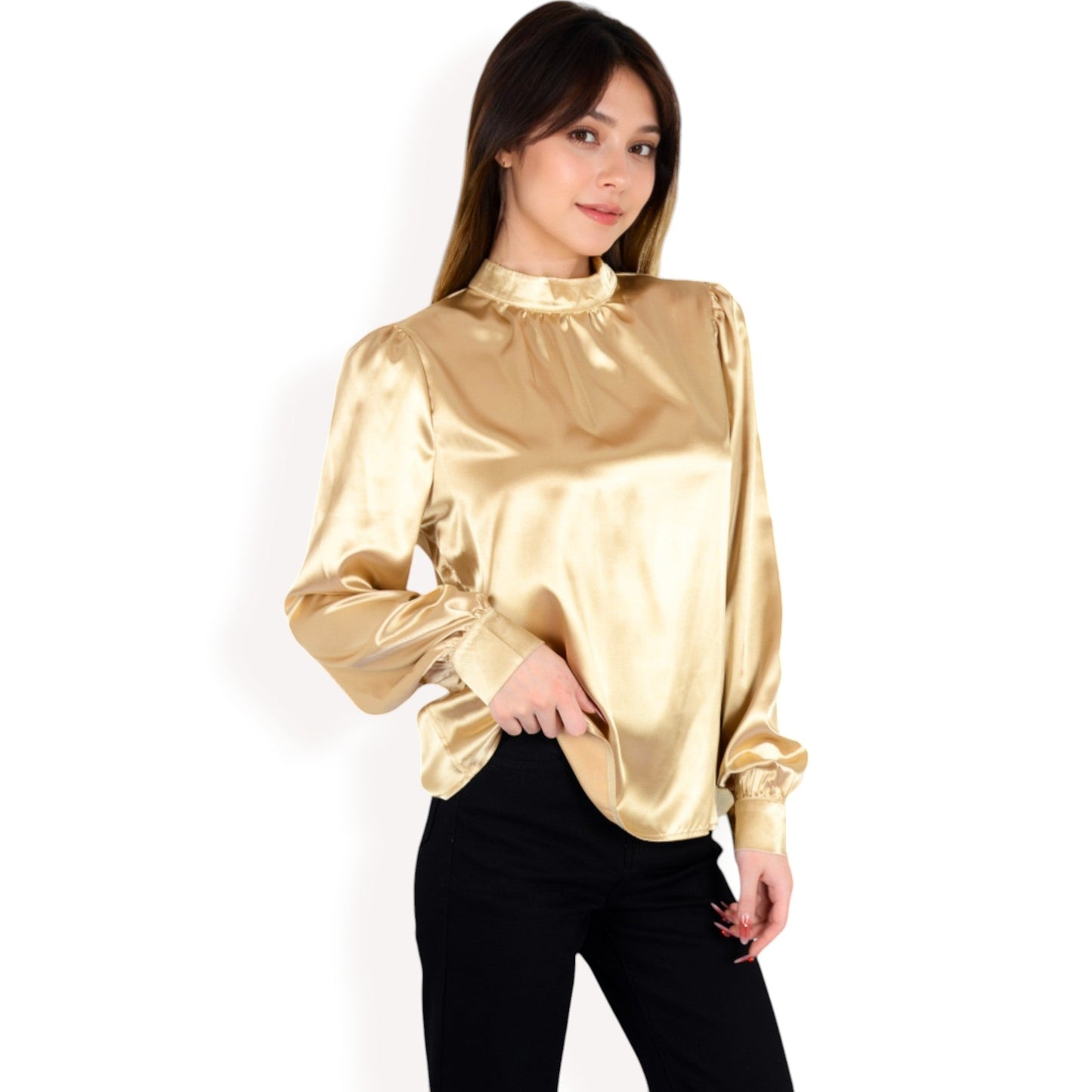 Satin Long Sleeve Blouse with High Neck and Puff Sleeves