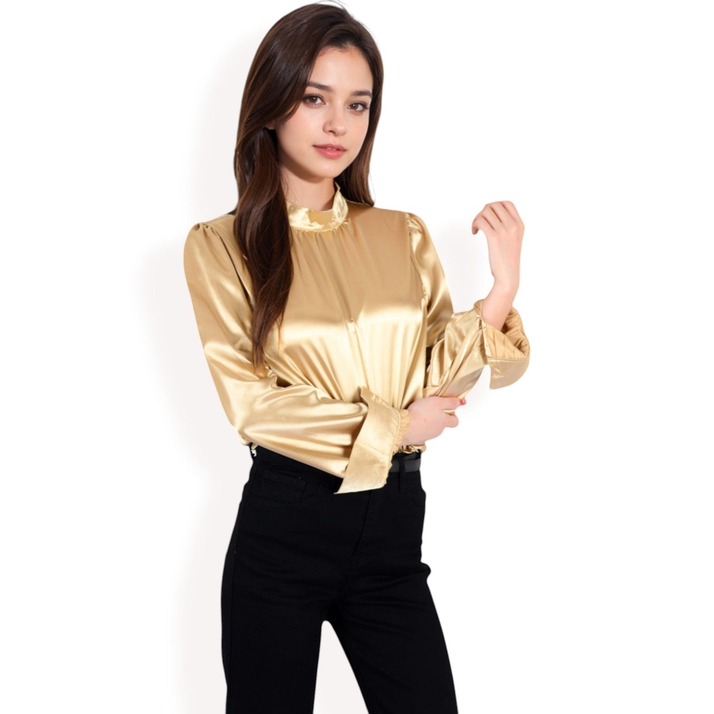 Satin Long Sleeve Blouse with High Neck and Puff Sleeves