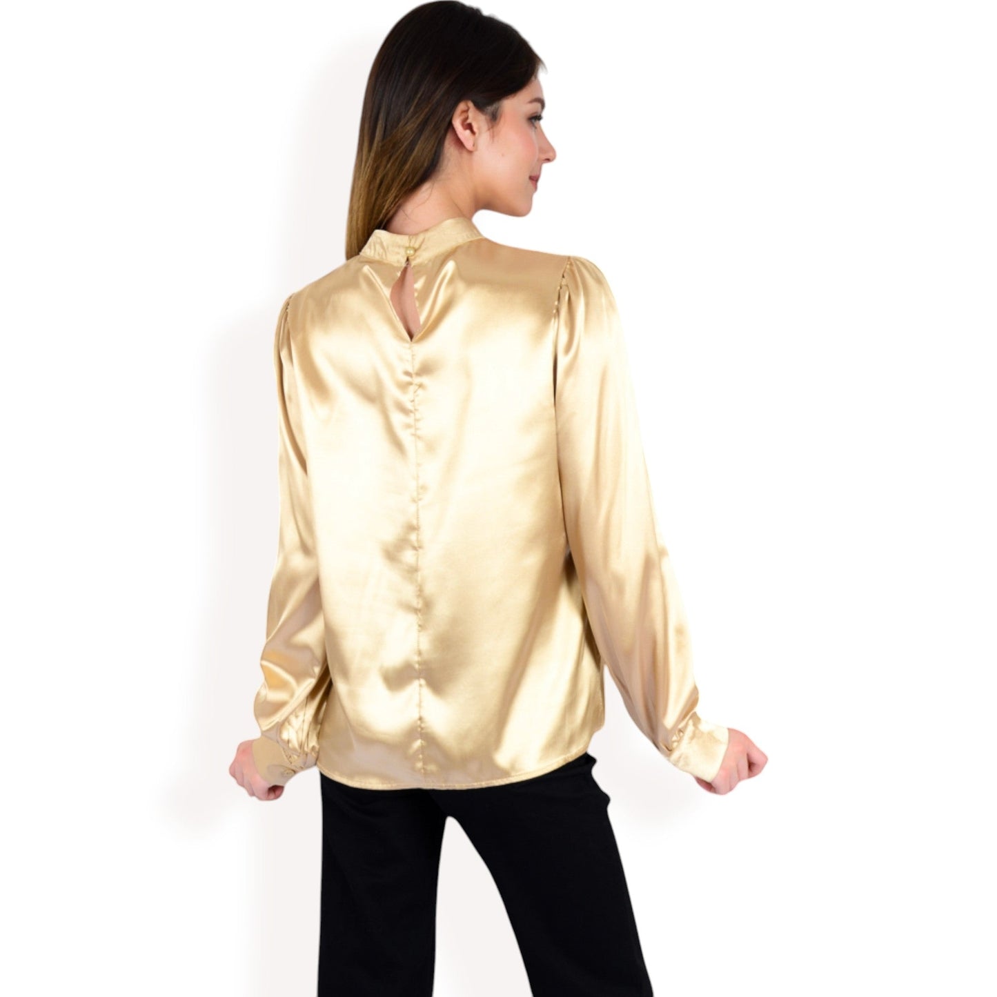 Satin Long Sleeve Blouse with High Neck and Puff Sleeves