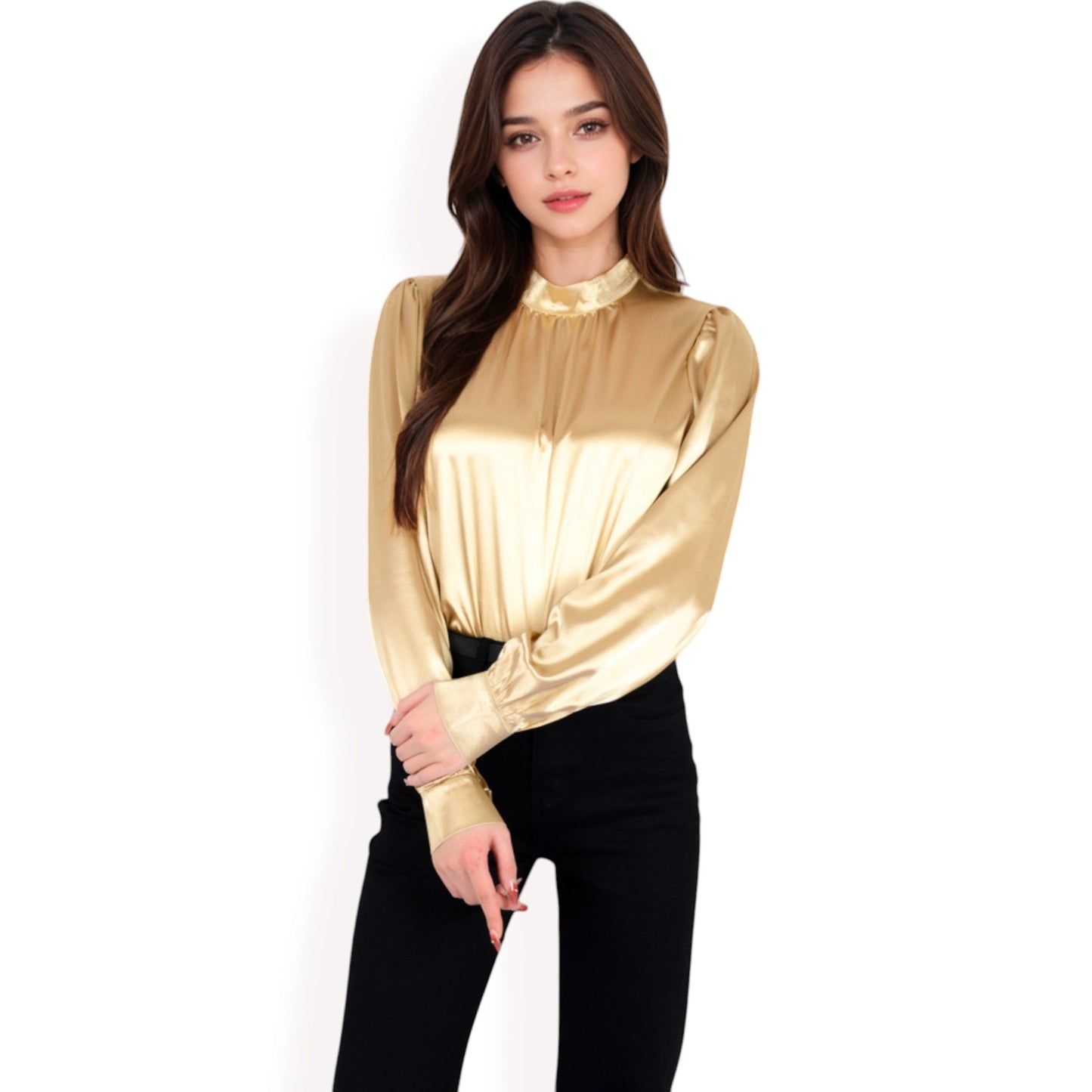 Satin Long Sleeve Blouse with High Neck and Puff Sleeves