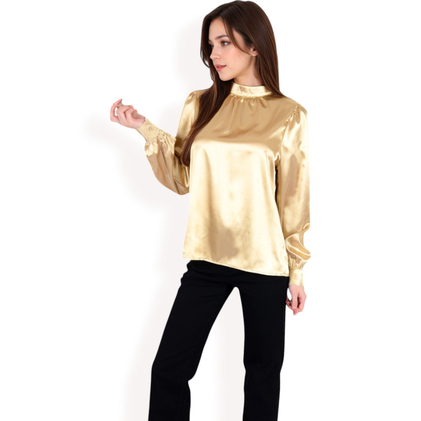 Satin Long Sleeve Blouse with High Neck and Puff Sleeves