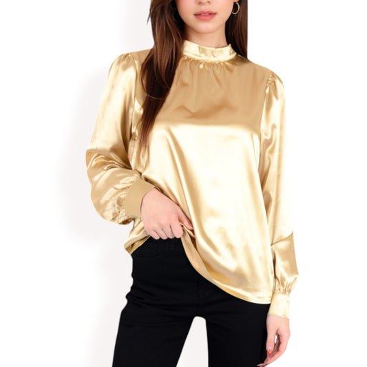 Satin Long Sleeve Blouse with High Neck and Puff Sleeves
