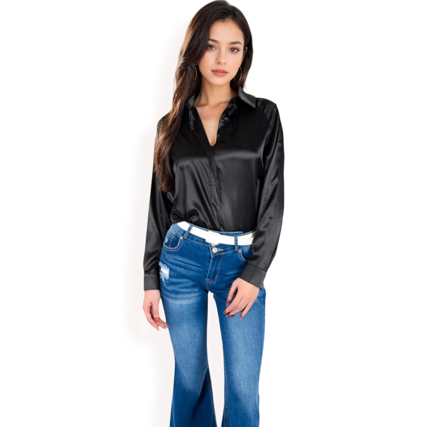 Satin Button-Up Blouse with Collared Neck and Long Sleeves