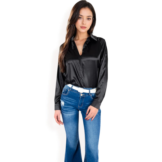 Satin Button-Up Blouse with Collared Neck and Long Sleeves