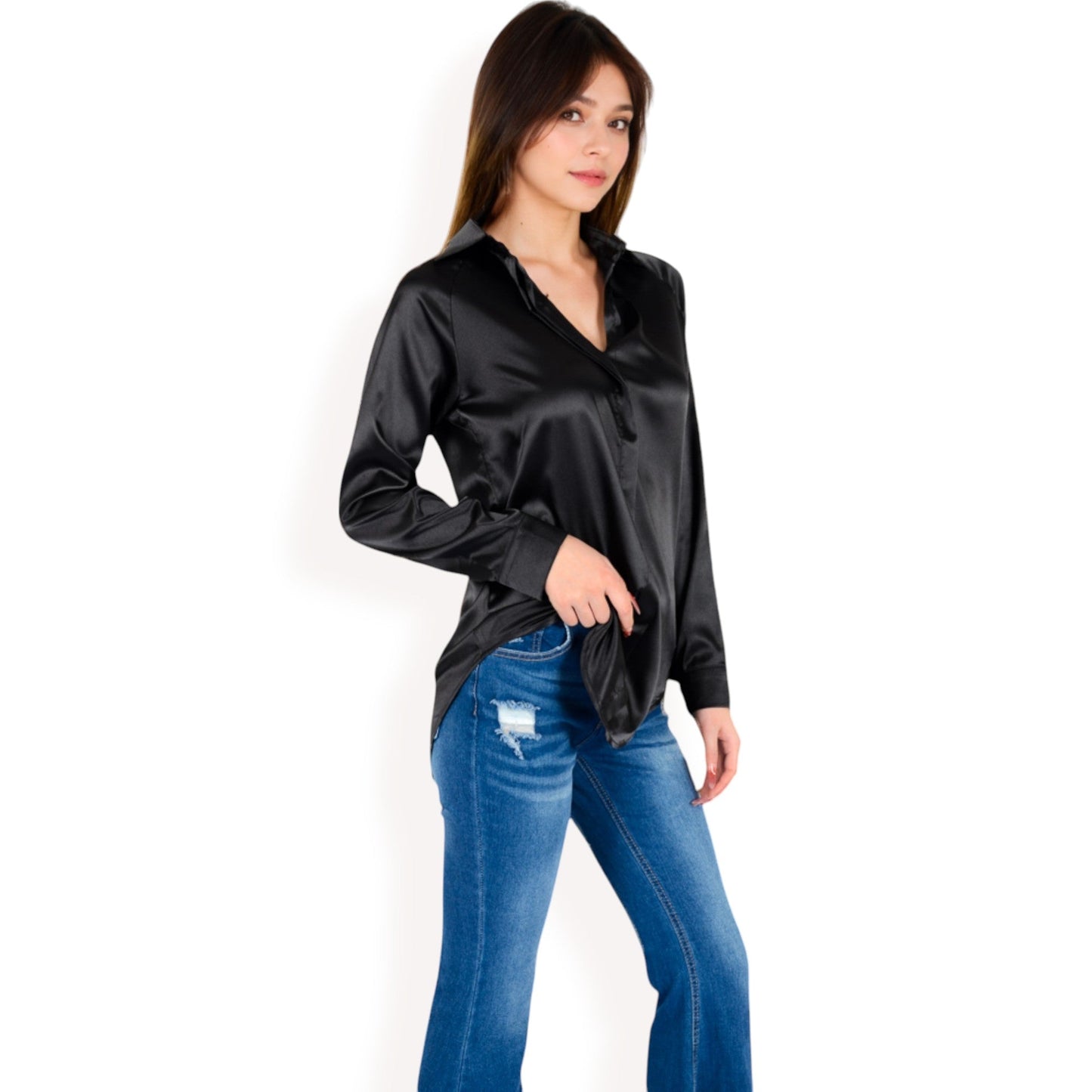 Satin Button-Up Blouse with Collared Neck and Long Sleeves