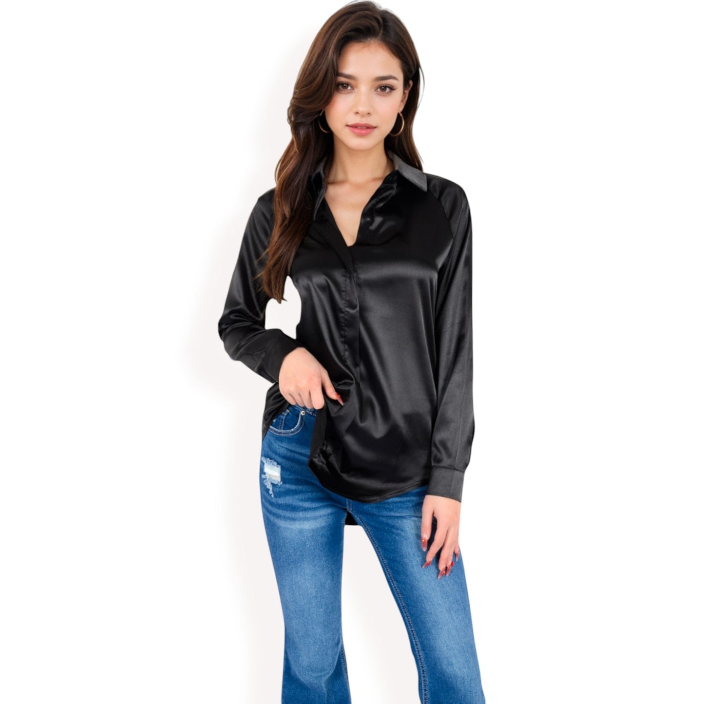 Satin Button-Up Blouse with Collared Neck and Long Sleeves