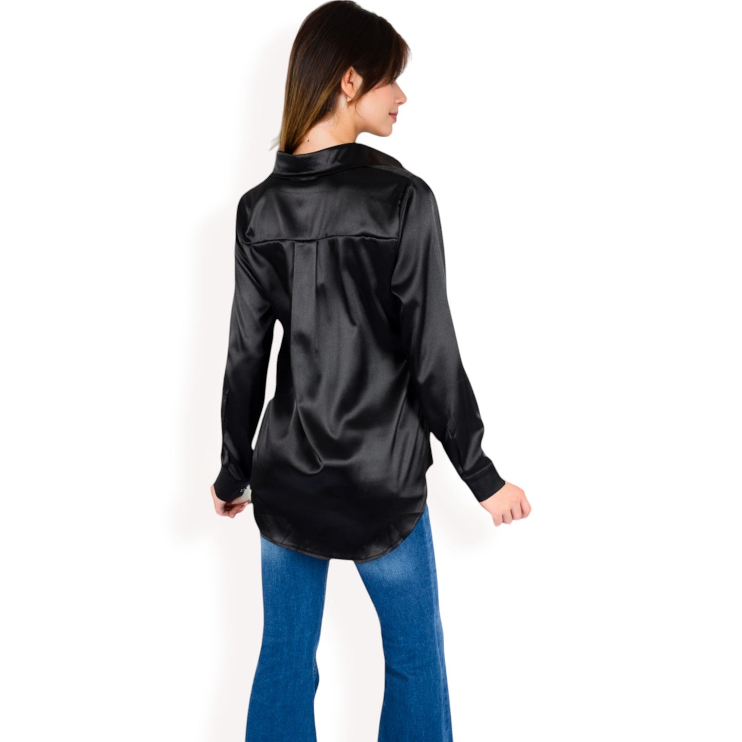 Satin Button-Up Blouse with Collared Neck and Long Sleeves
