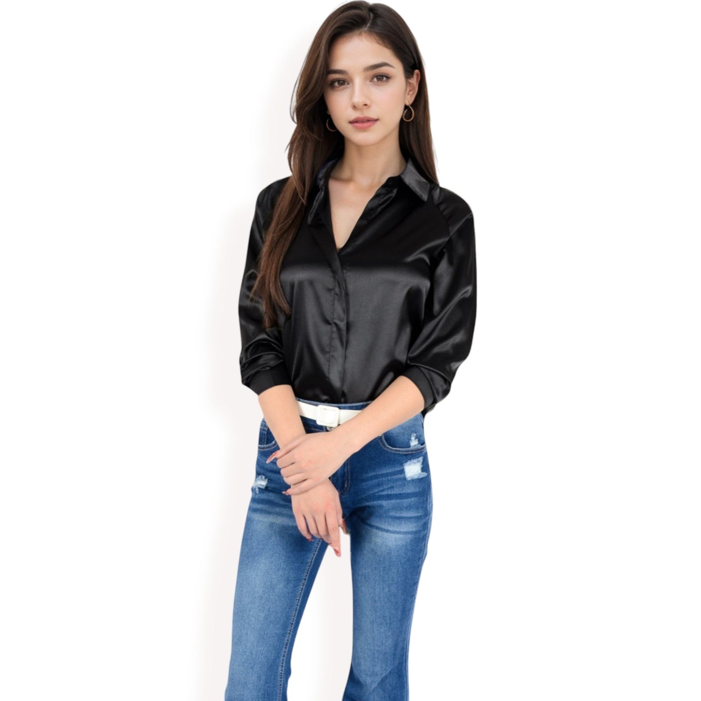 Satin Button-Up Blouse with Collared Neck and Long Sleeves