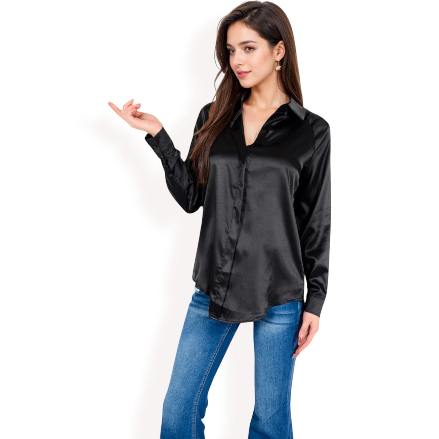 Satin Button-Up Blouse with Collared Neck and Long Sleeves