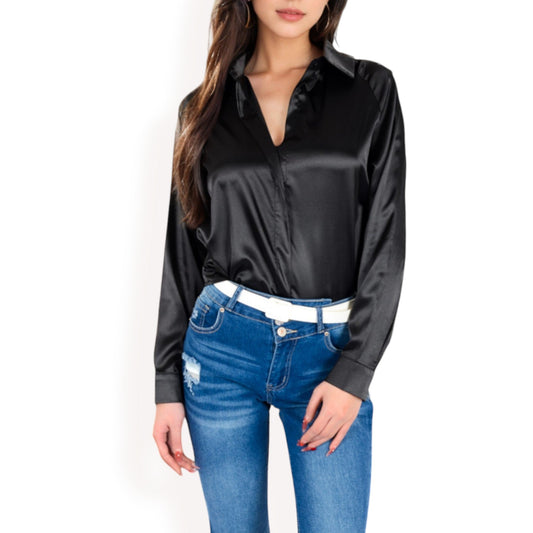 Satin Button-Up Blouse with Collared Neck and Long Sleeves