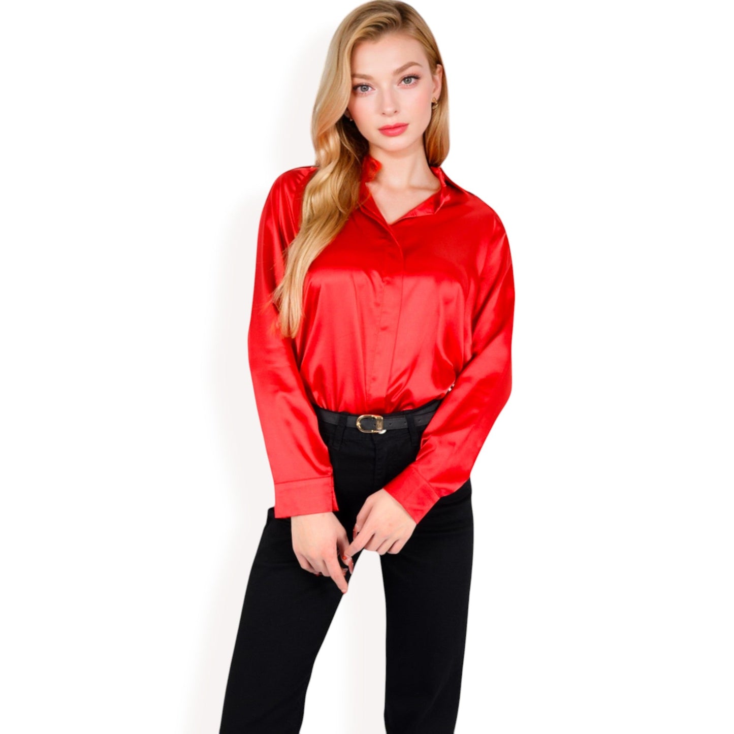 Satin Button-Up Blouse with Collared Neck and Long Sleeves