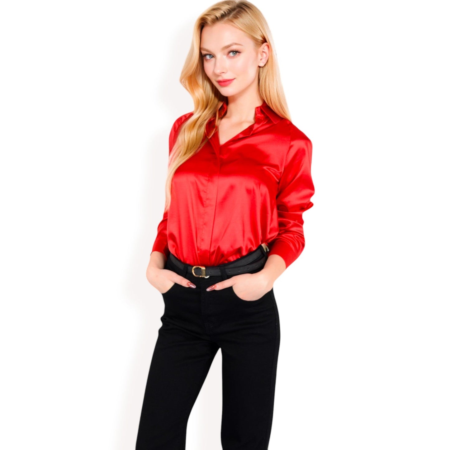 Satin Button-Up Blouse with Collared Neck and Long Sleeves