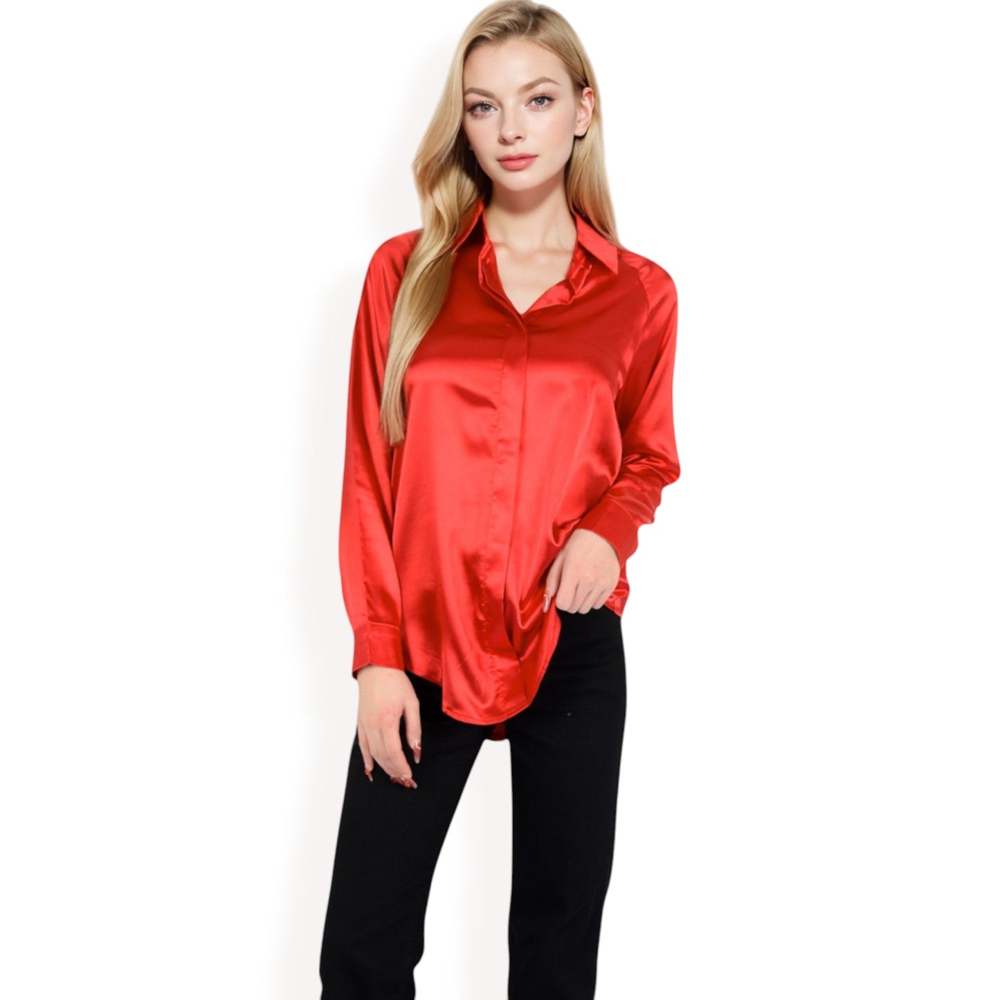 Satin Button-Up Blouse with Collared Neck and Long Sleeves