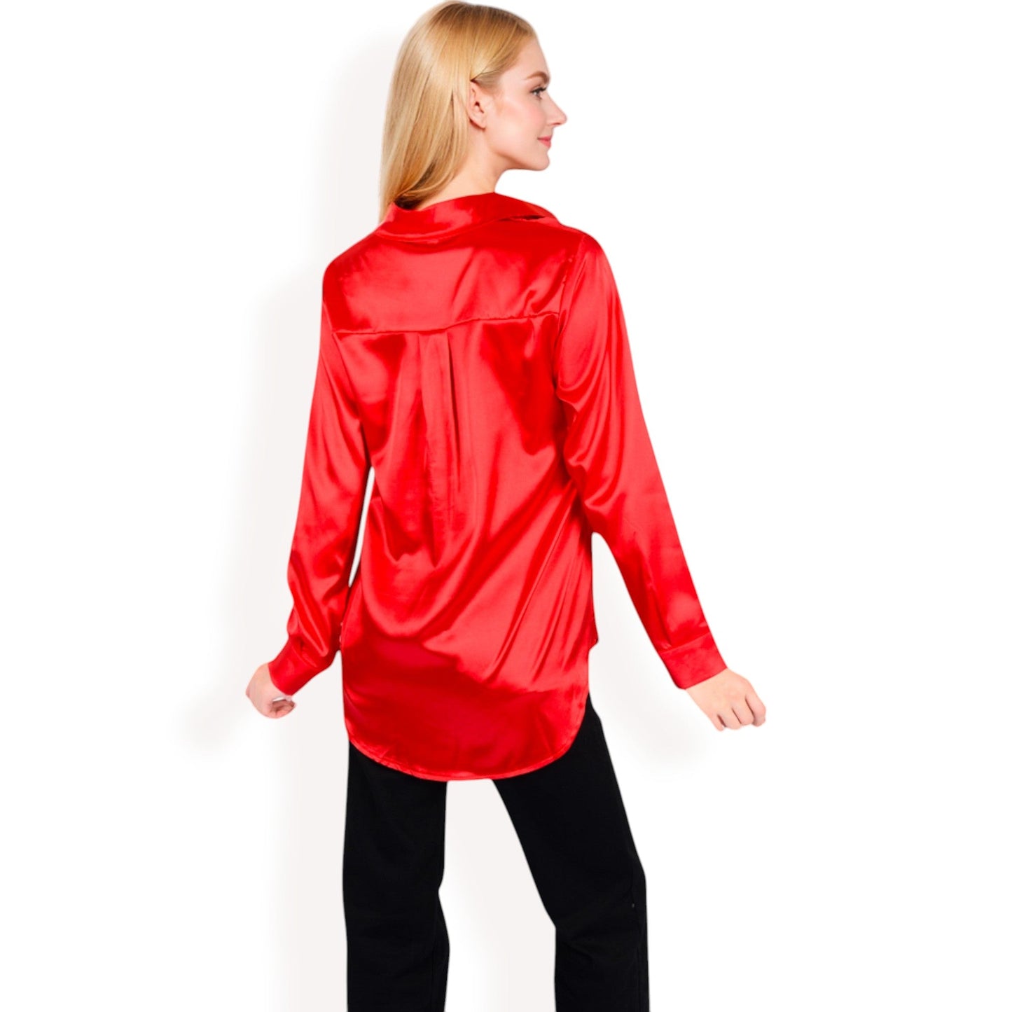 Satin Button-Up Blouse with Collared Neck and Long Sleeves