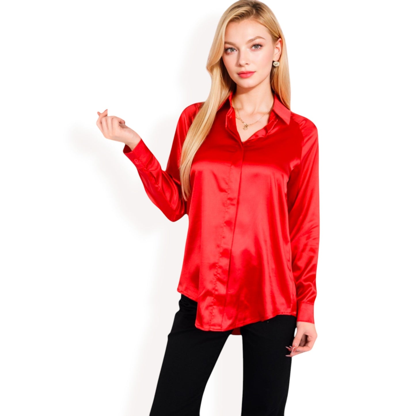 Satin Button-Up Blouse with Collared Neck and Long Sleeves