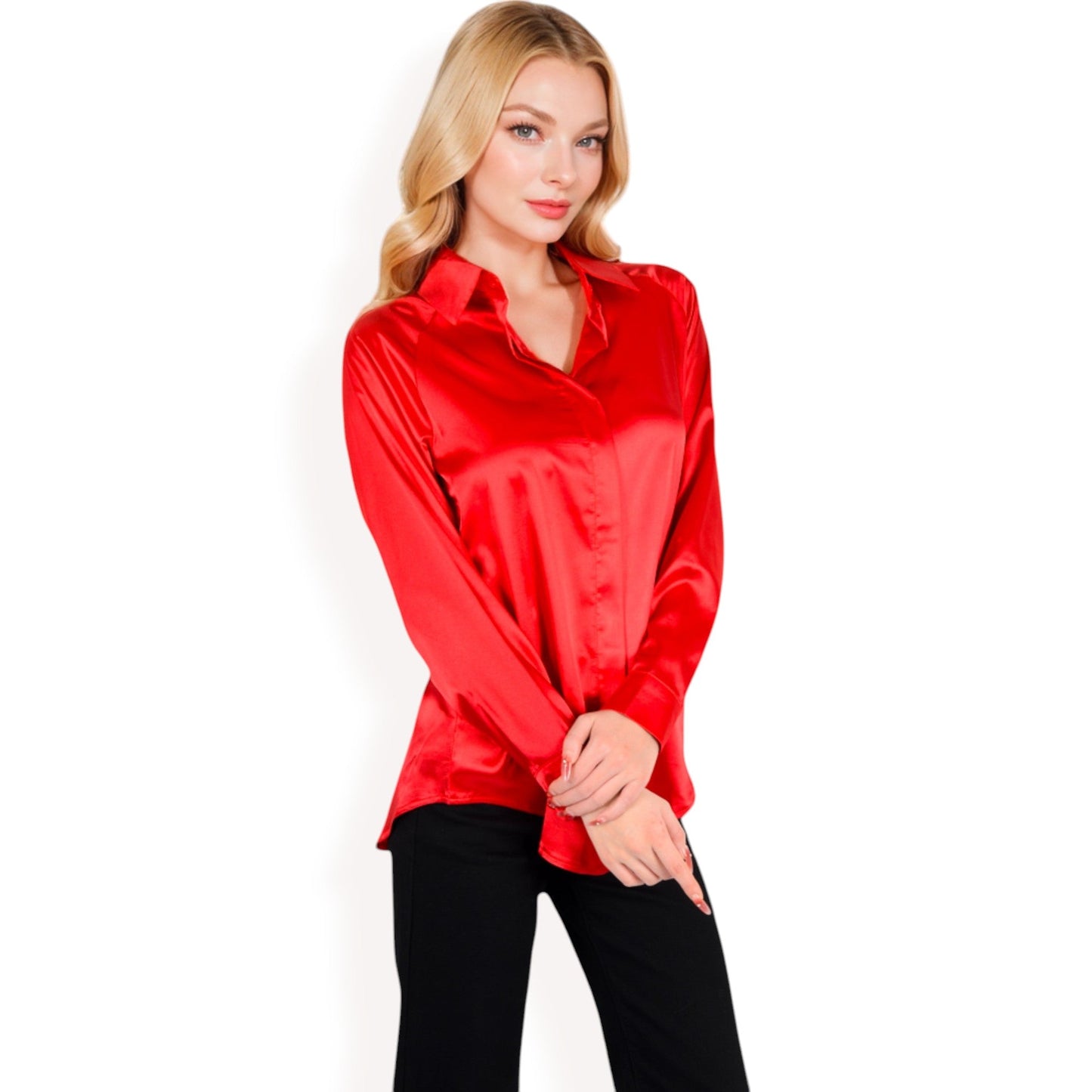 Satin Button-Up Blouse with Collared Neck and Long Sleeves