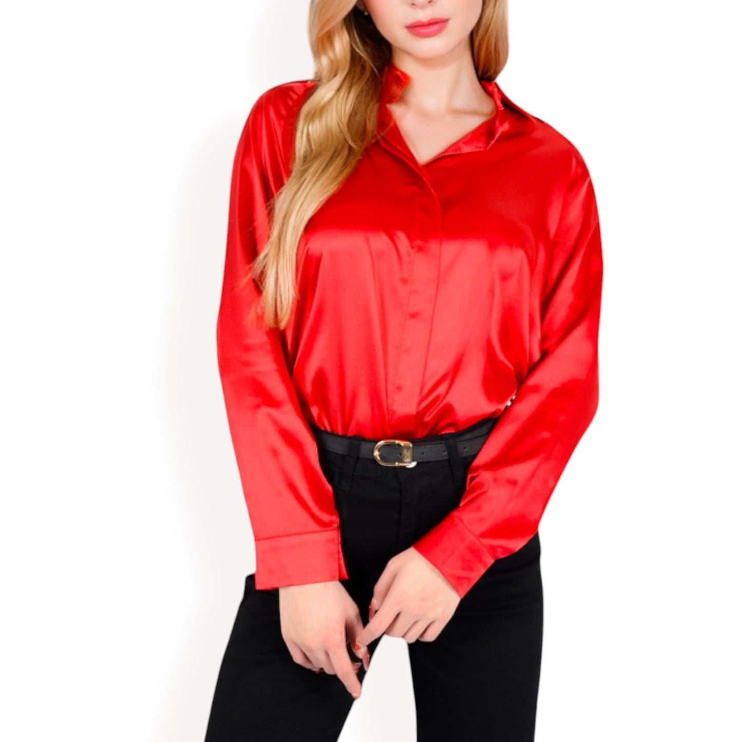 Satin Button-Up Blouse with Collared Neck and Long Sleeves