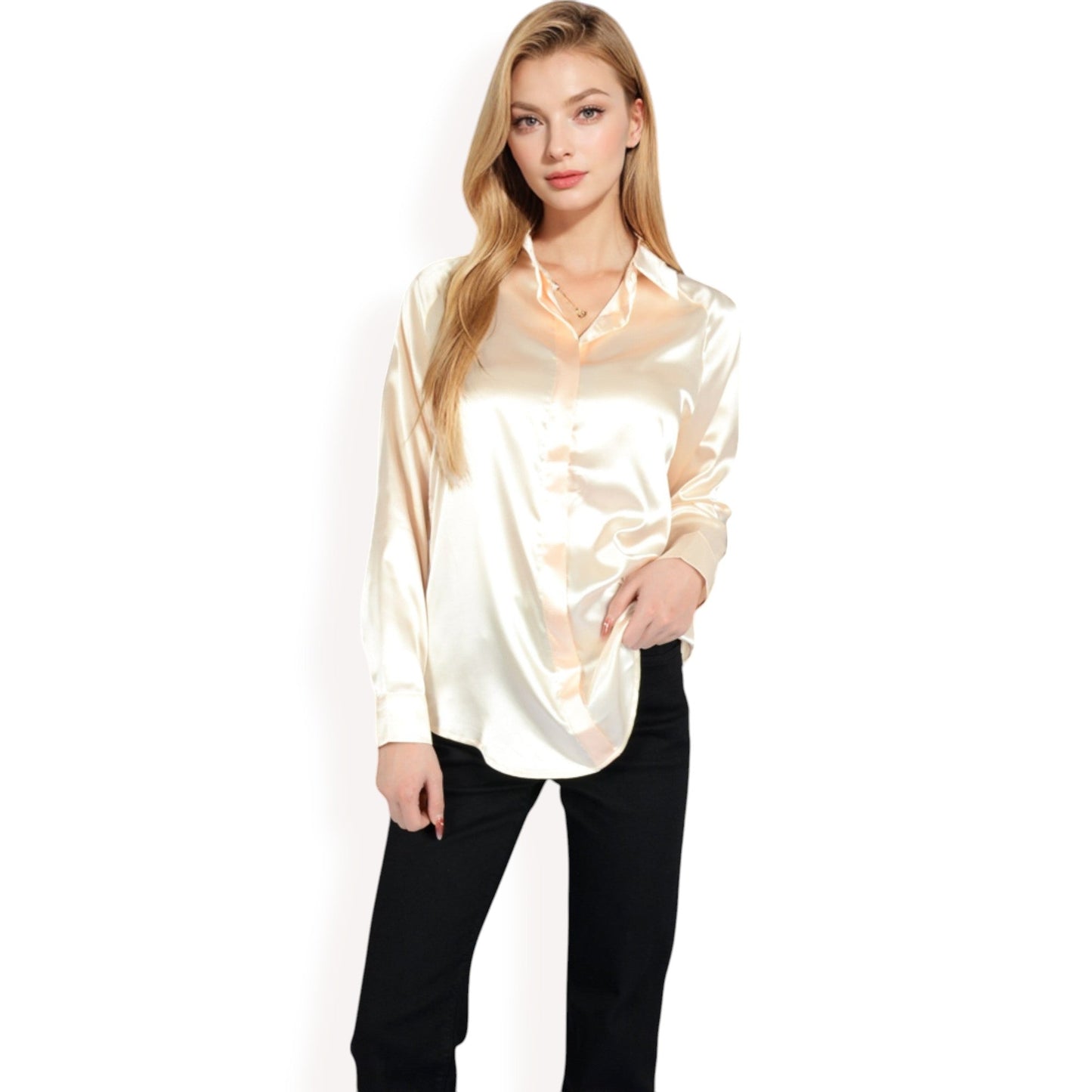 Satin Button-Up Blouse with Collared Neck and Long Sleeves