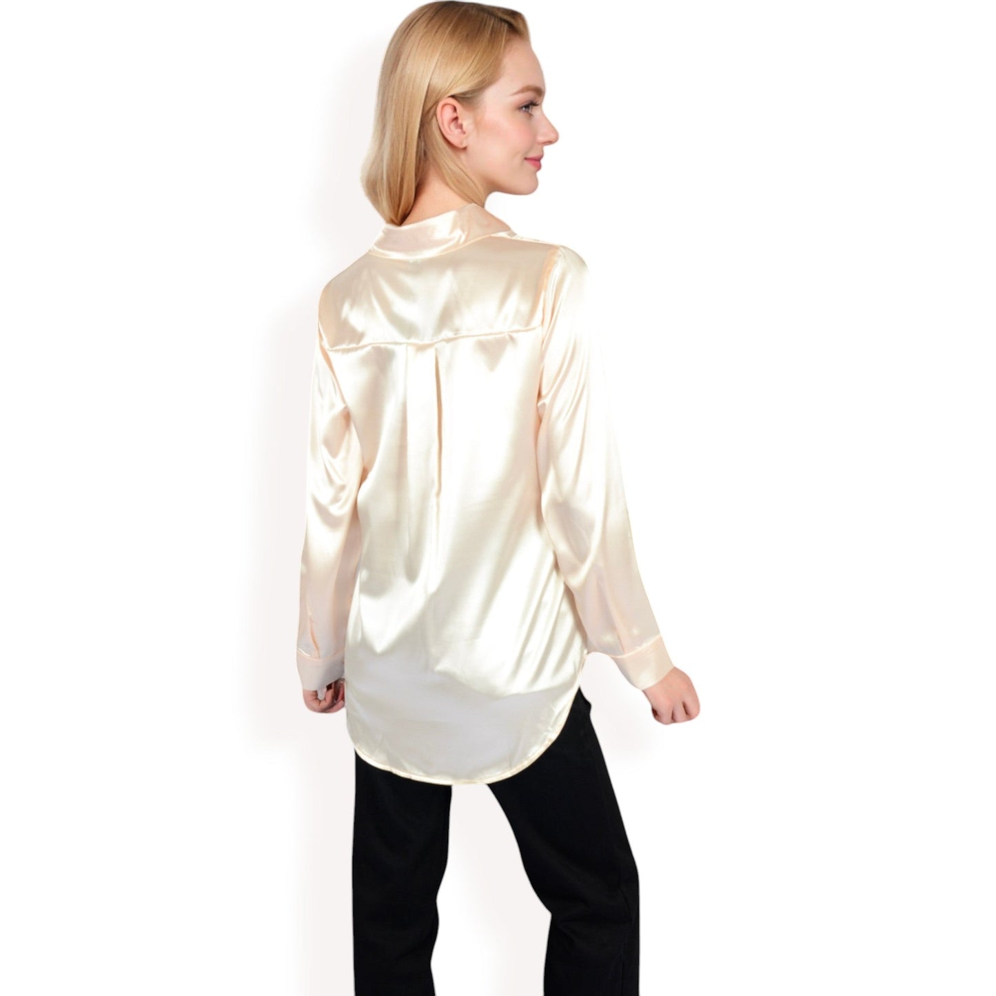 Satin Button-Up Blouse with Collared Neck and Long Sleeves