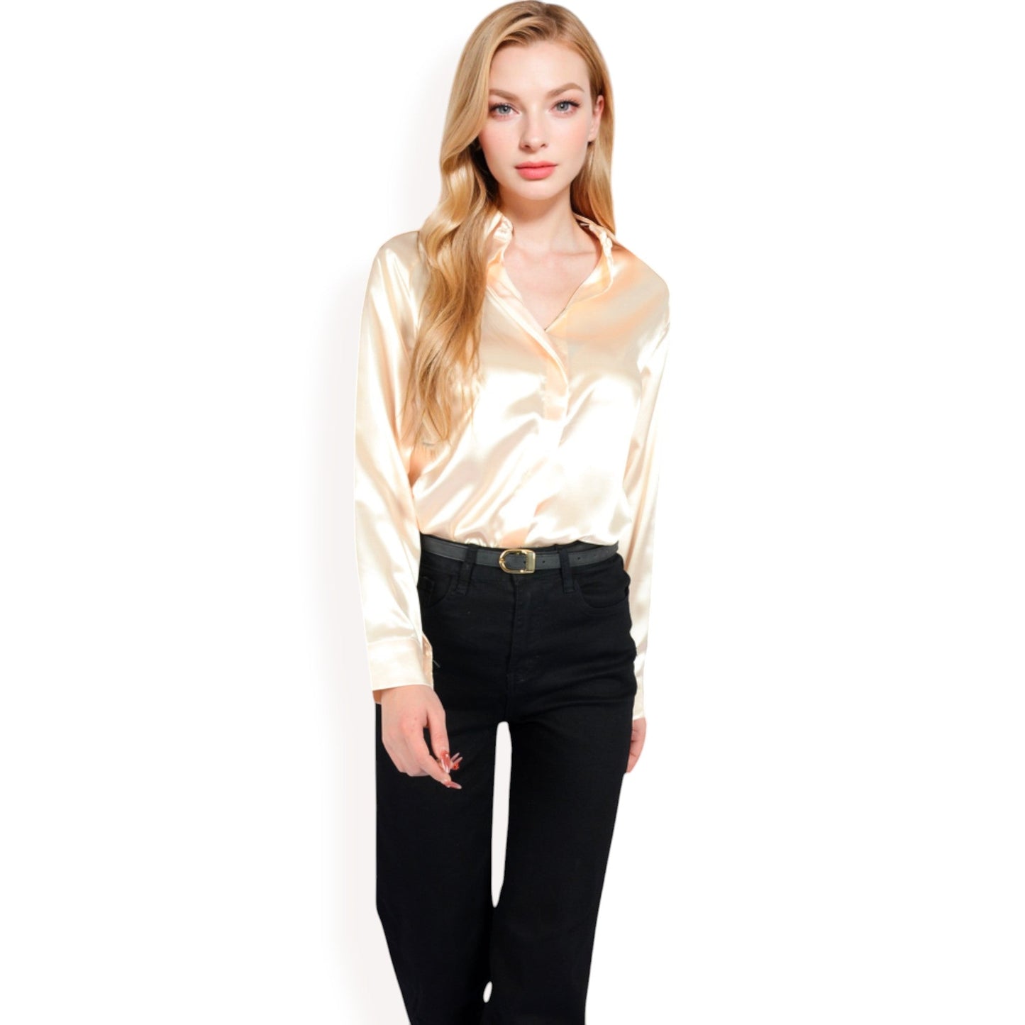 Satin Button-Up Blouse with Collared Neck and Long Sleeves