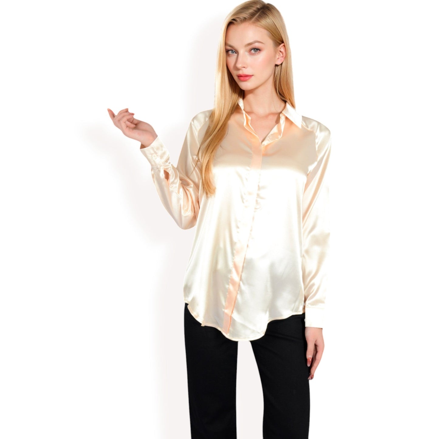 Satin Button-Up Blouse with Collared Neck and Long Sleeves