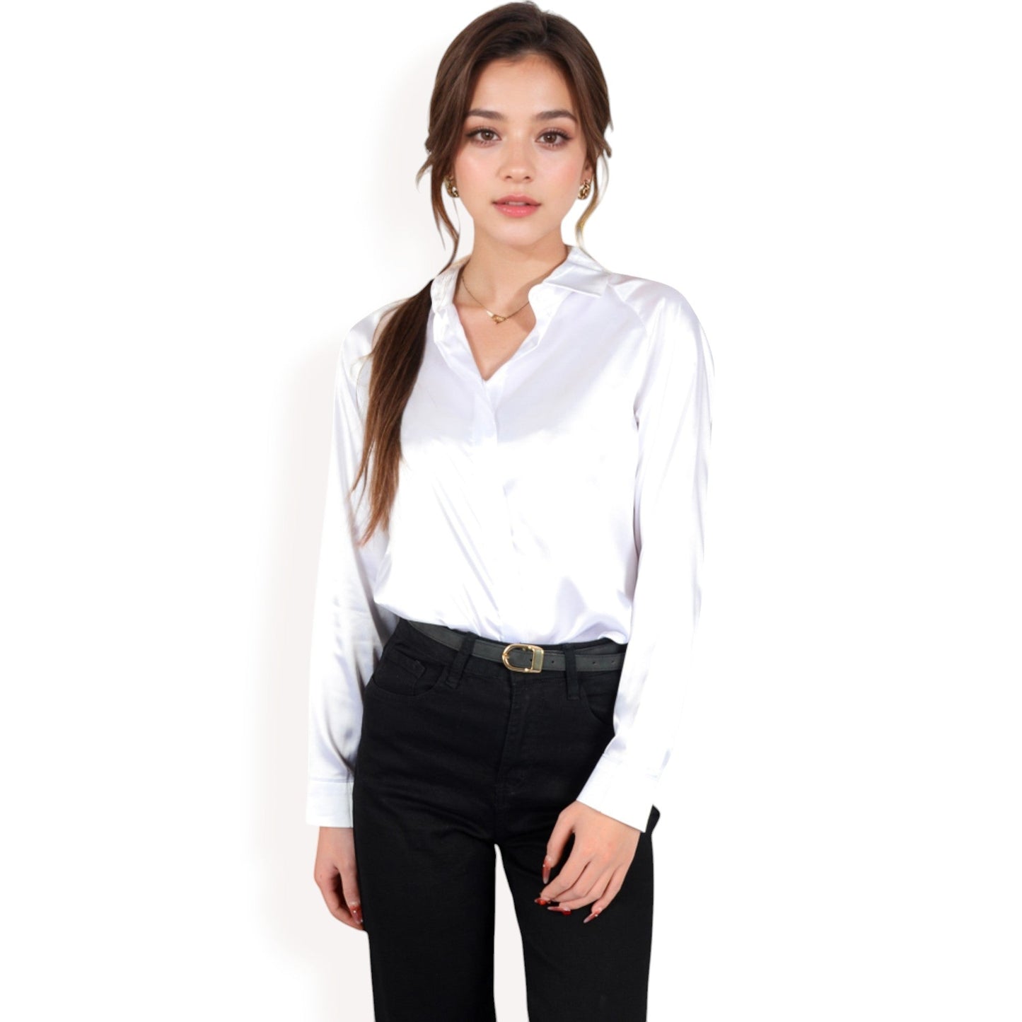 Satin Button-Up Blouse with Collared Neck and Long Sleeves