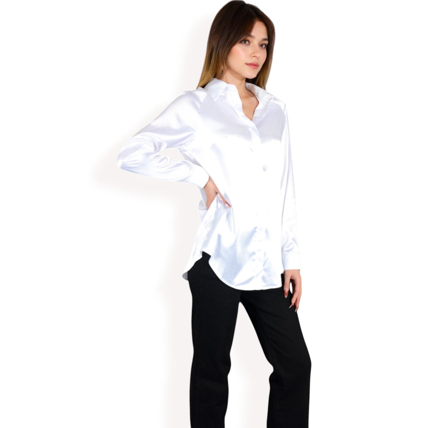 Satin Button-Up Blouse with Collared Neck and Long Sleeves