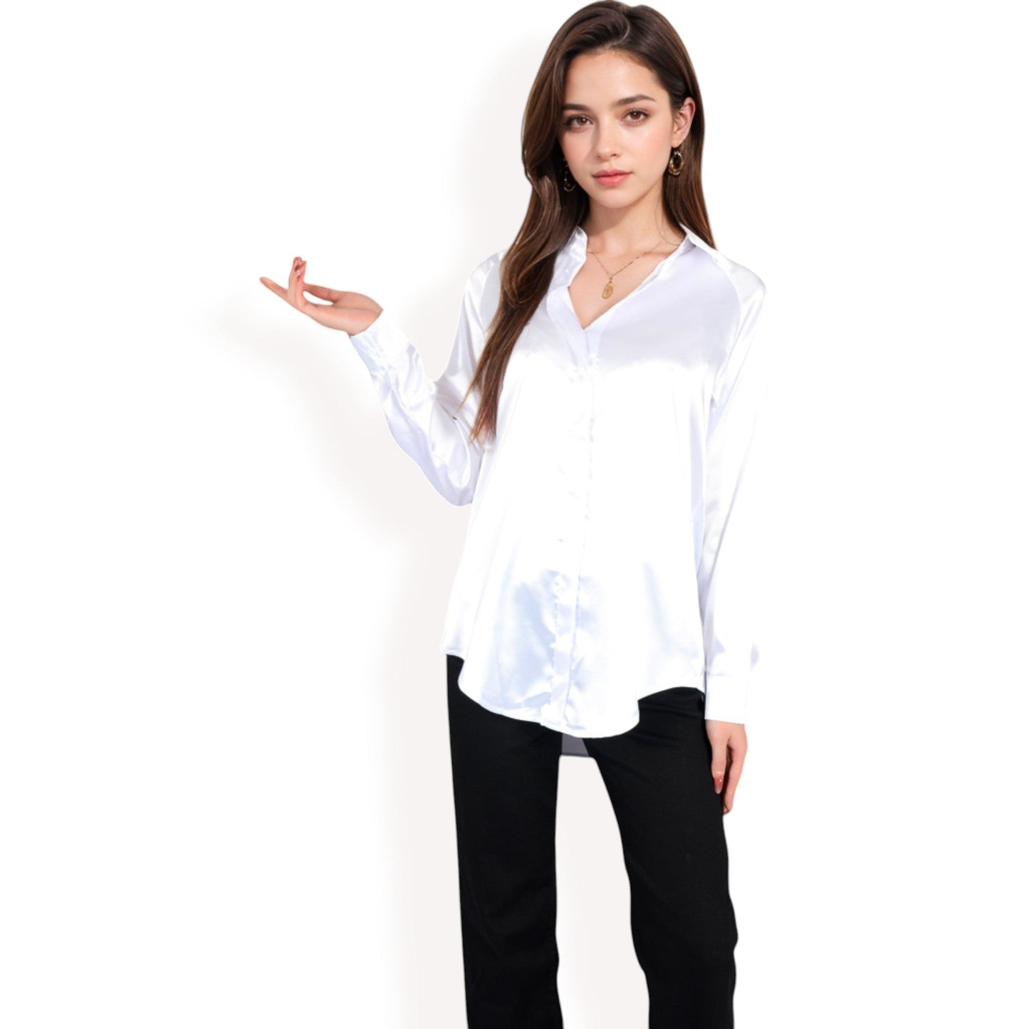 Satin Button-Up Blouse with Collared Neck and Long Sleeves
