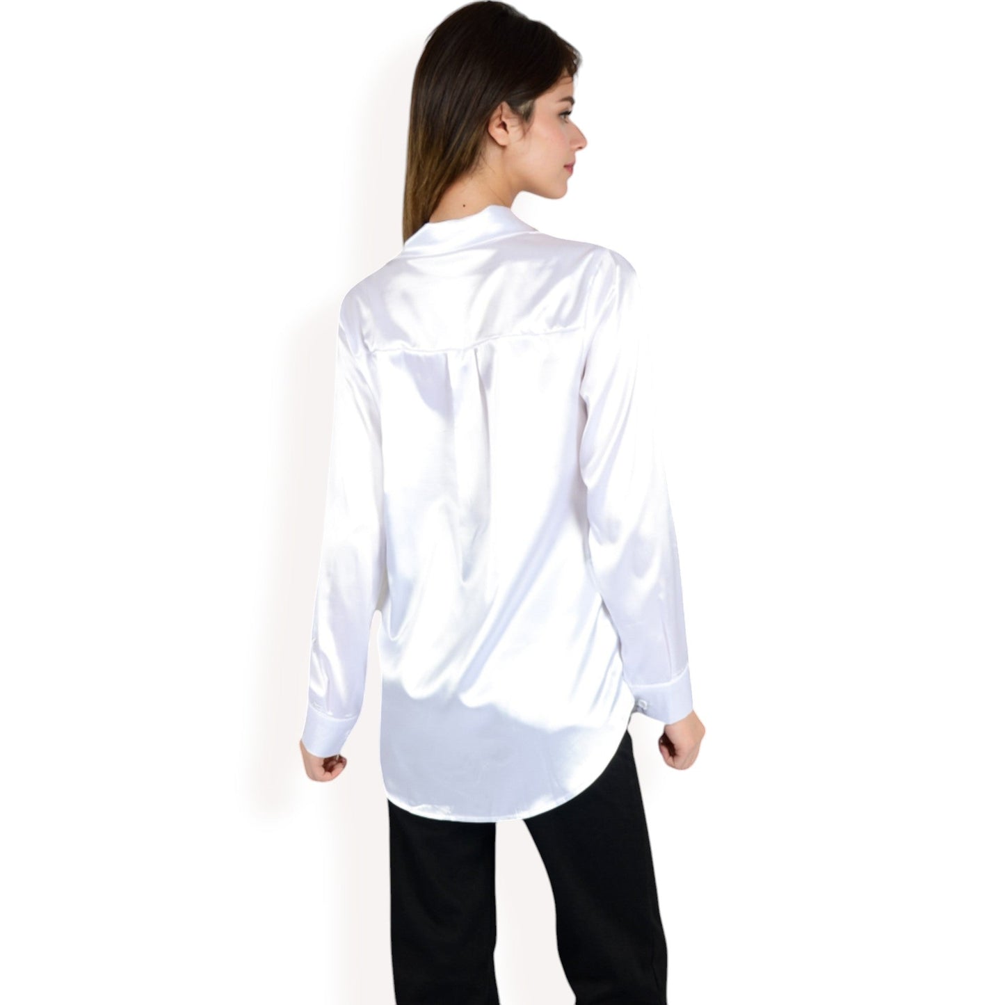 Satin Button-Up Blouse with Collared Neck and Long Sleeves