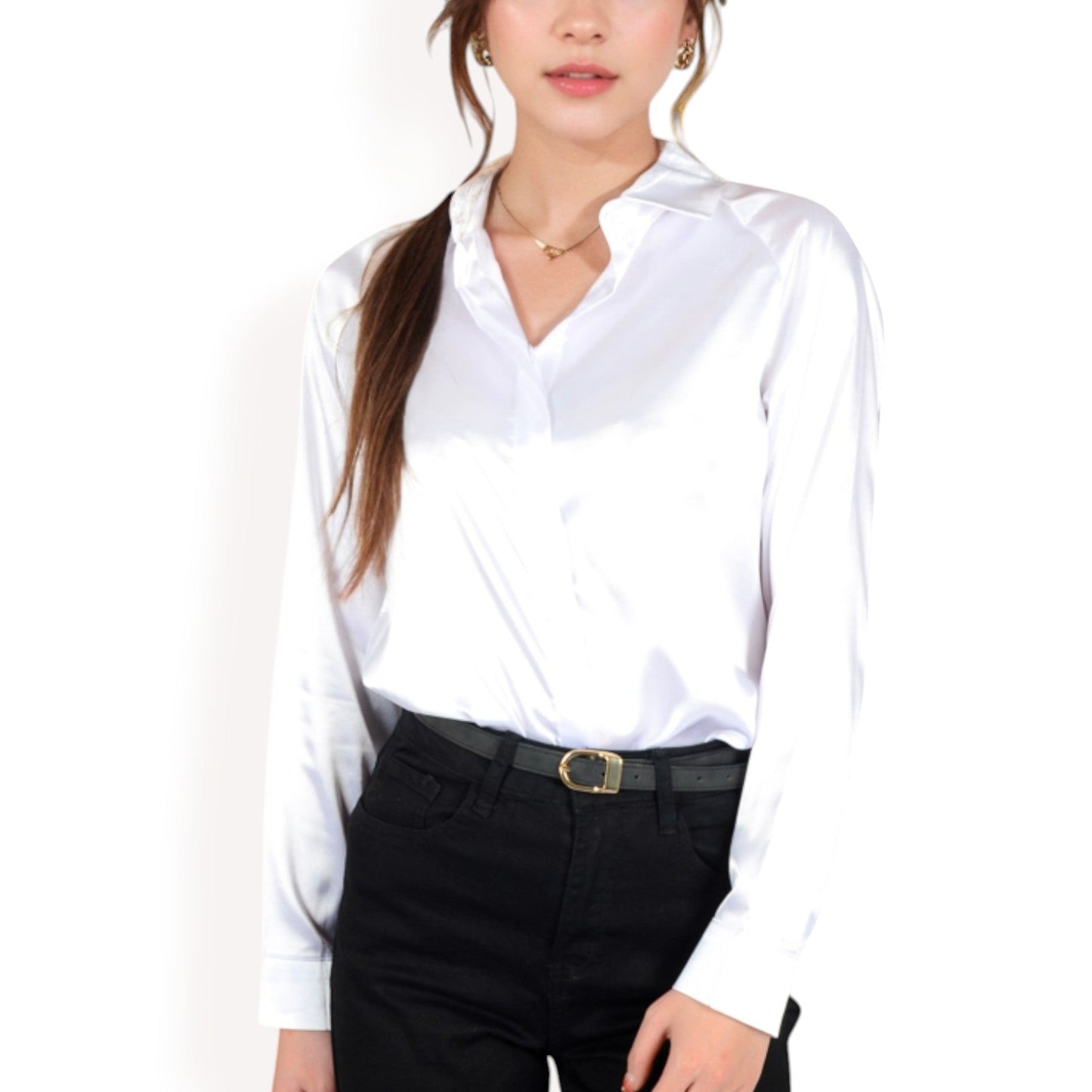 Satin Button-Up Blouse with Collared Neck and Long Sleeves