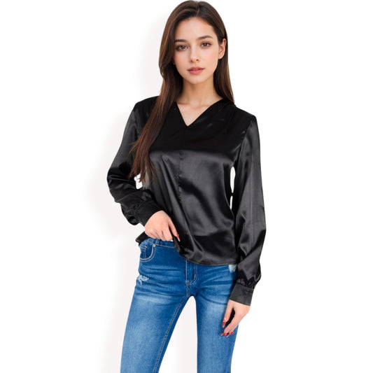 Satin V-Neck Blouse with Long Sleeves