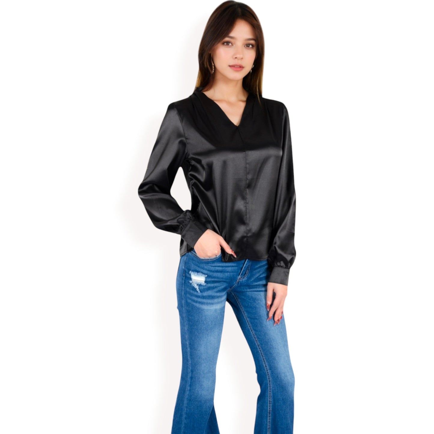 Satin V-Neck Blouse with Long Sleeves