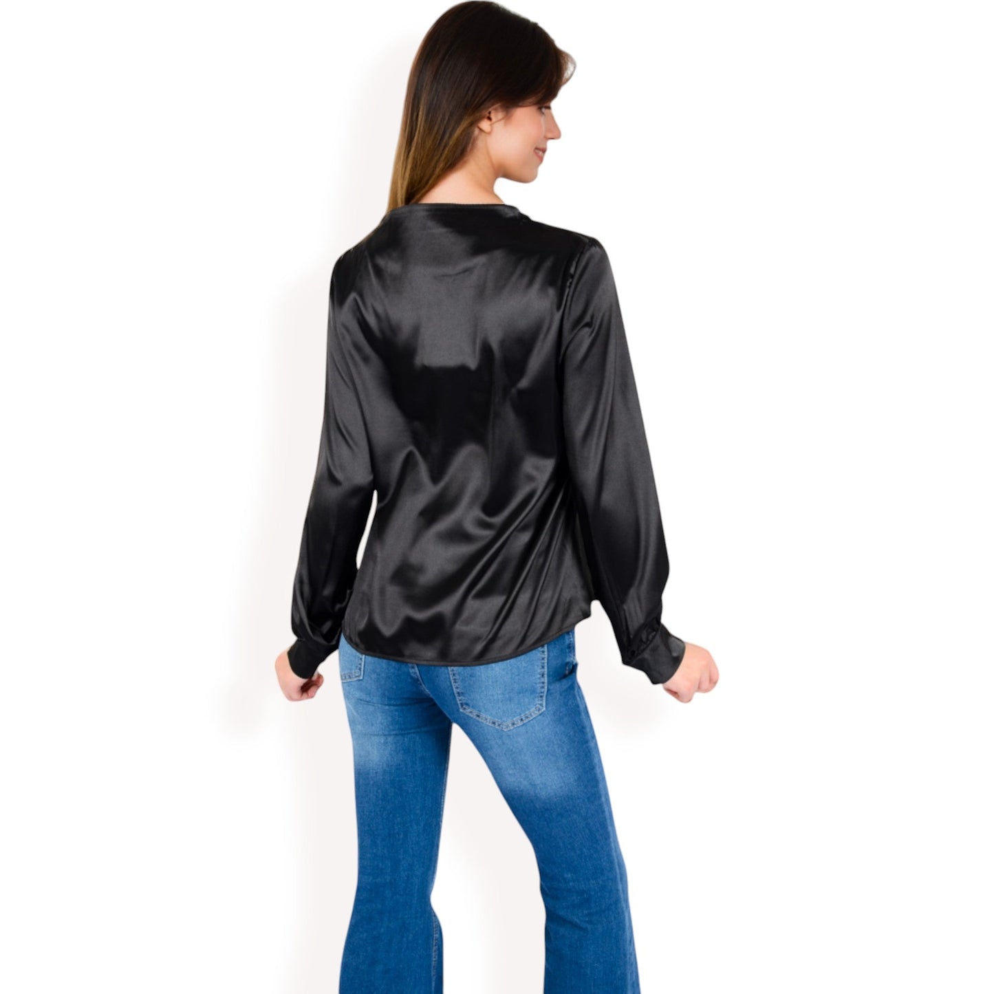 Satin V-Neck Blouse with Long Sleeves