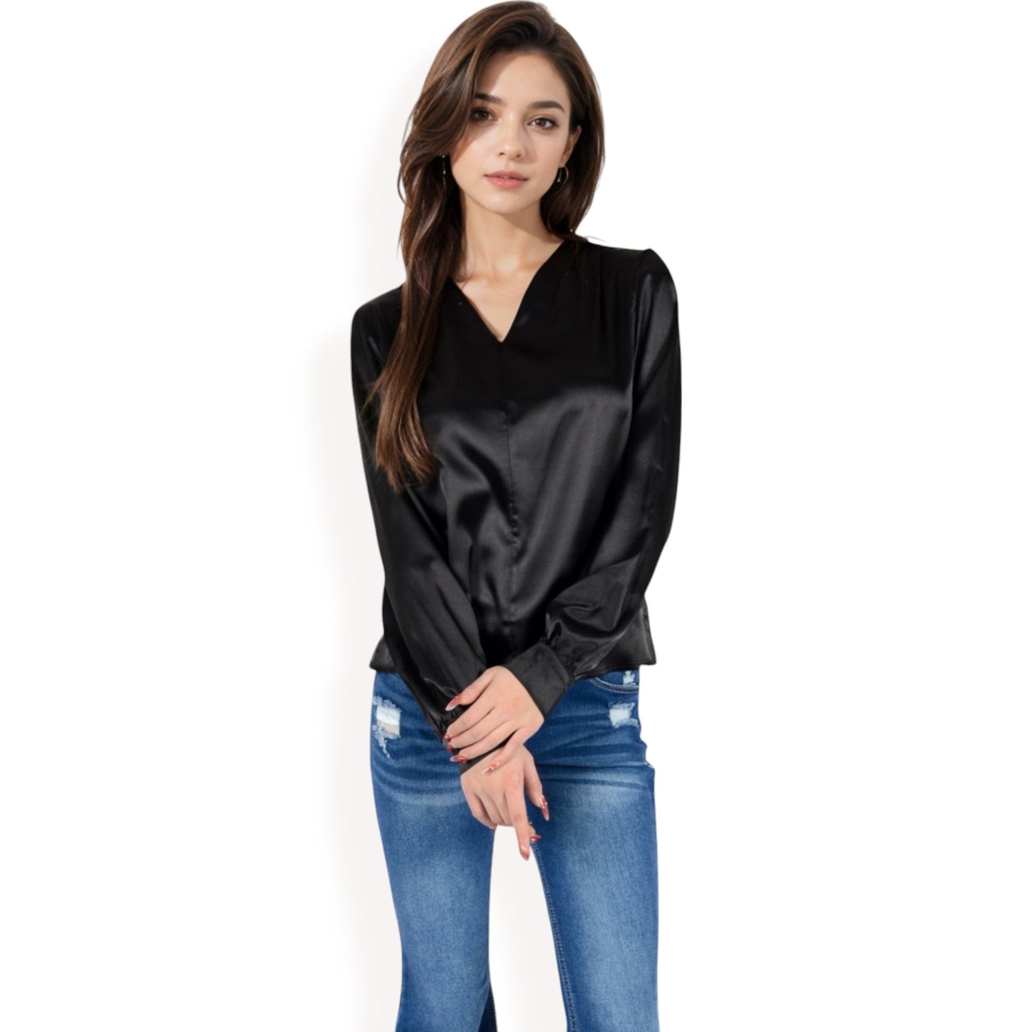 Satin V-Neck Blouse with Long Sleeves