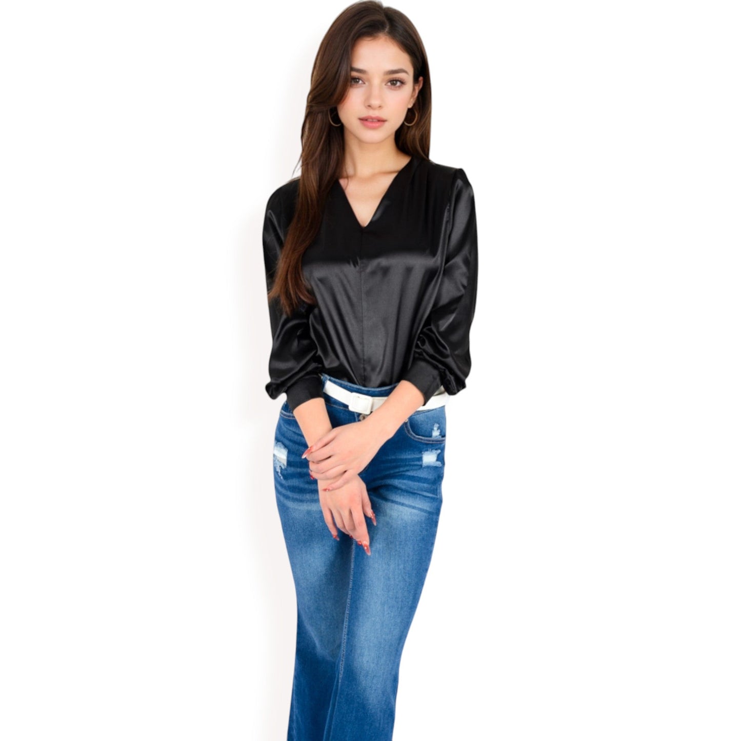 Satin V-Neck Blouse with Long Sleeves