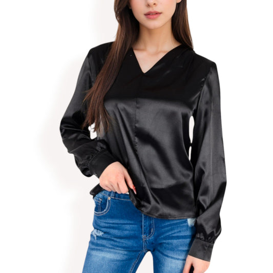 Satin V-Neck Blouse with Long Sleeves