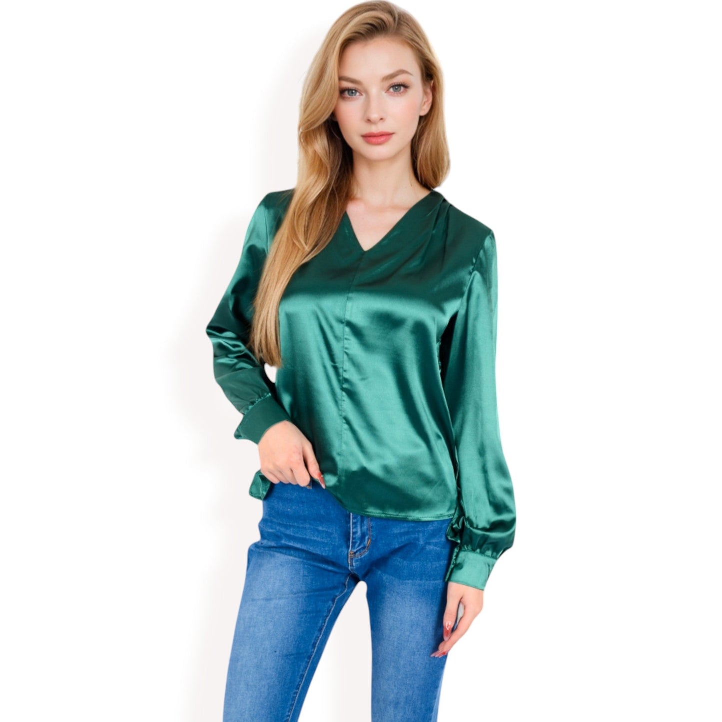 Satin V-Neck Blouse with Long Sleeves
