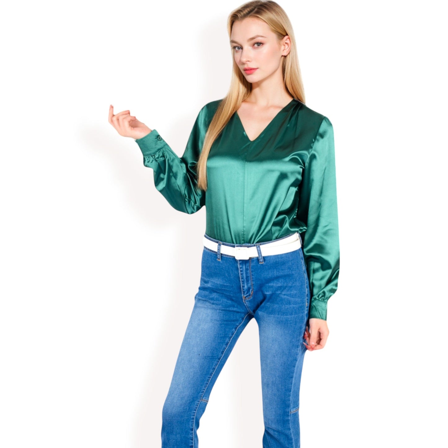 Satin V-Neck Blouse with Long Sleeves