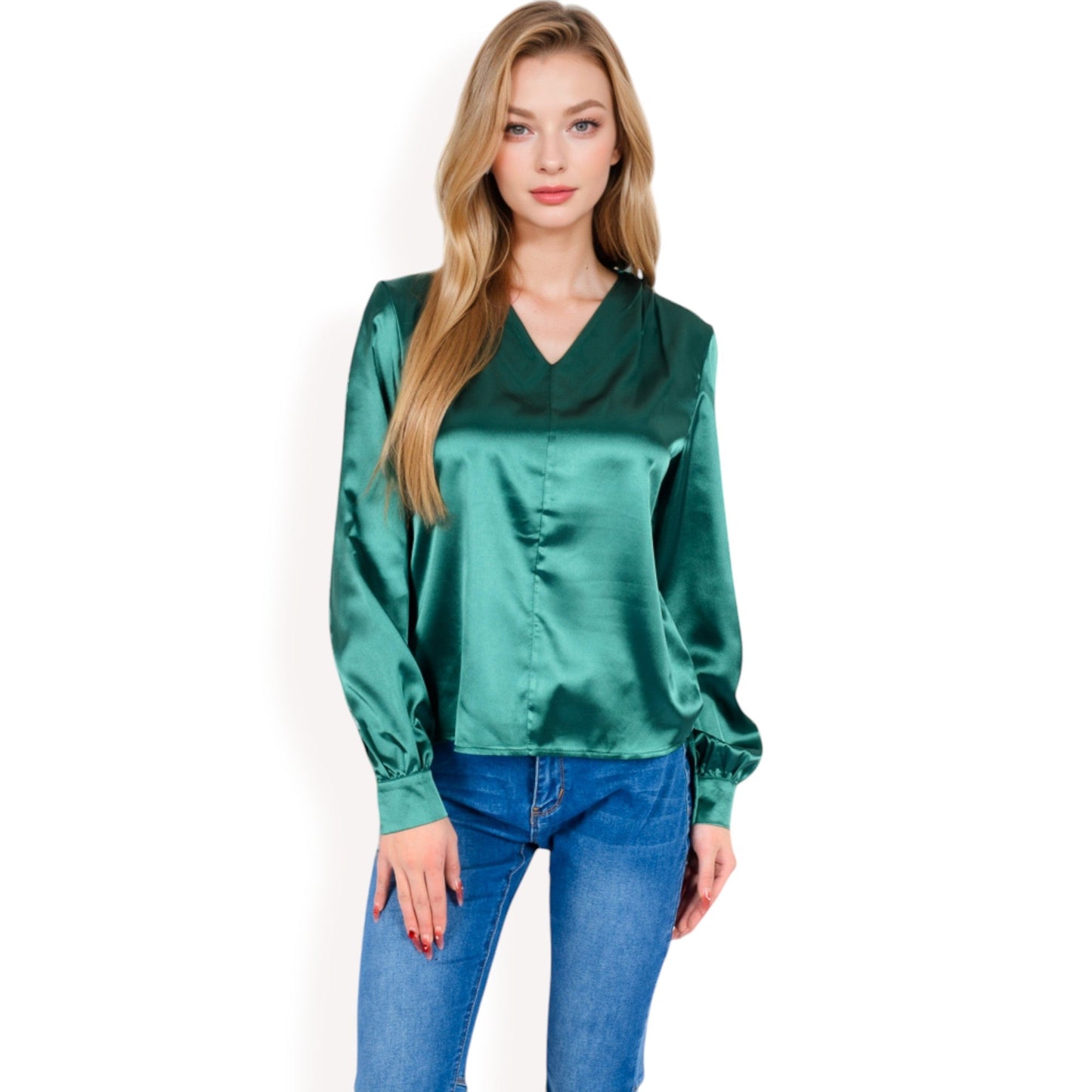 Satin V-Neck Blouse with Long Sleeves