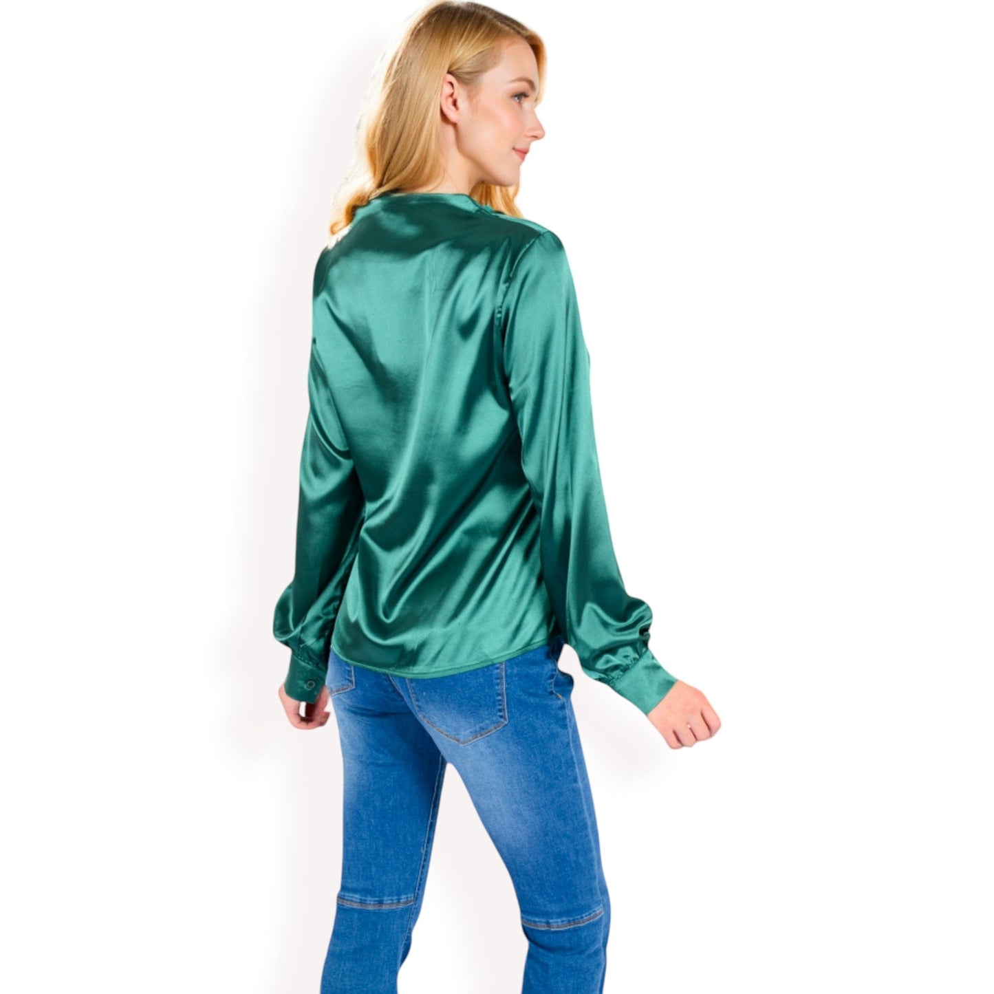 Satin V-Neck Blouse with Long Sleeves