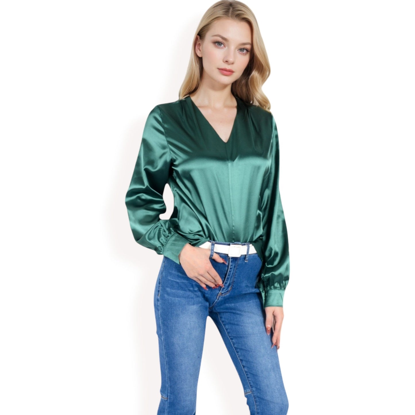 Satin V-Neck Blouse with Long Sleeves