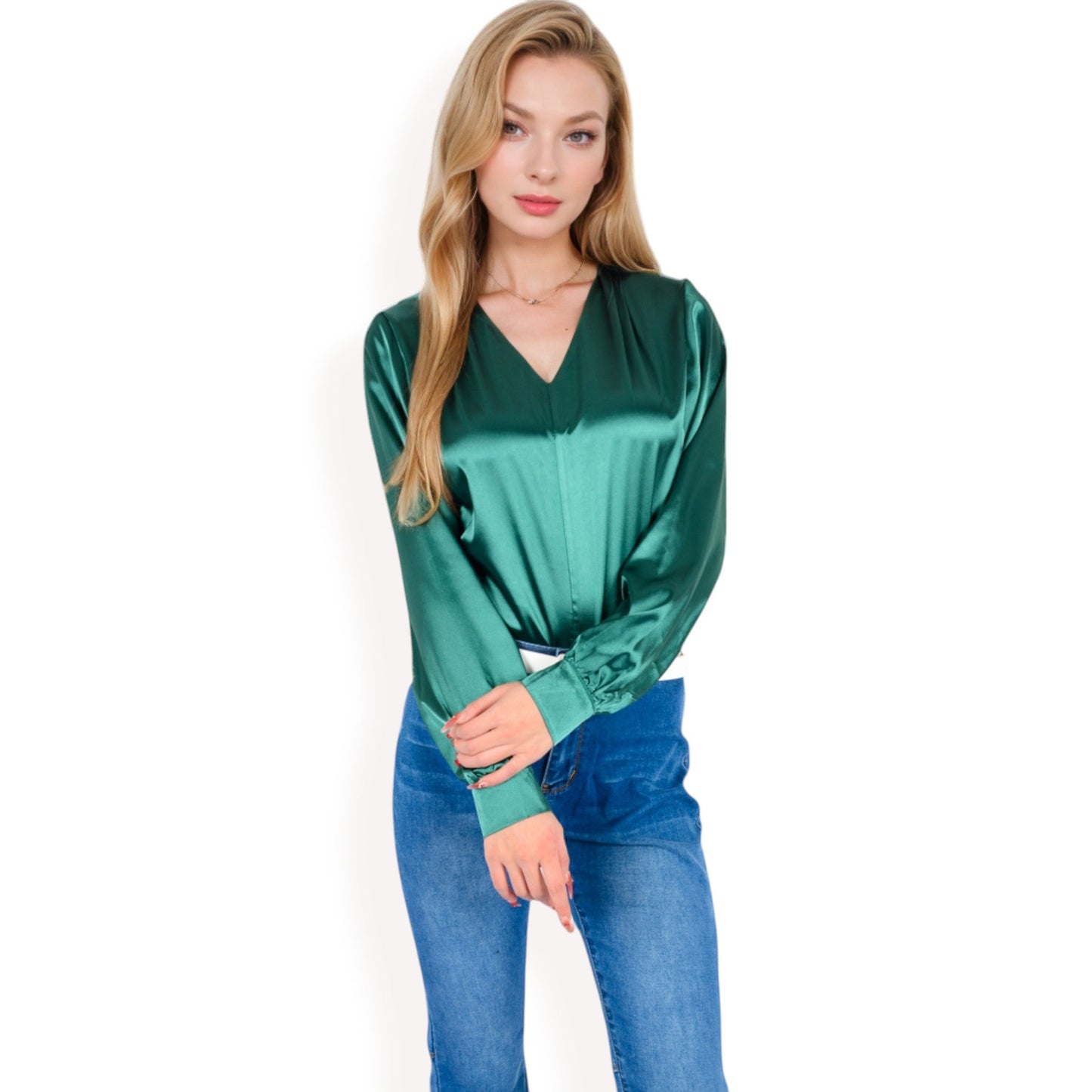 Satin V-Neck Blouse with Long Sleeves