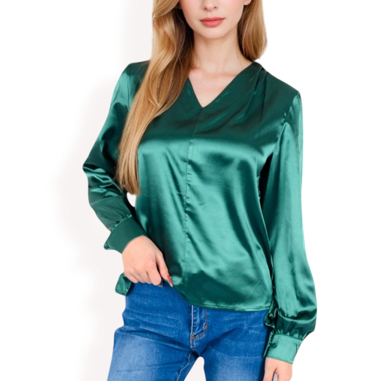Satin V-Neck Blouse with Long Sleeves