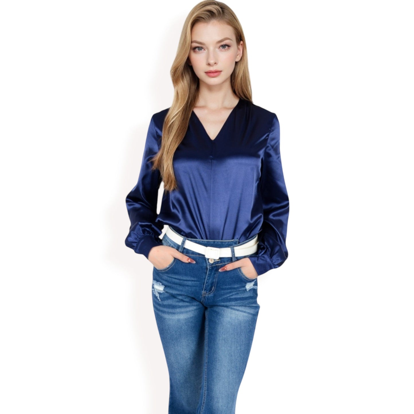 Satin V-Neck Blouse with Long Sleeves