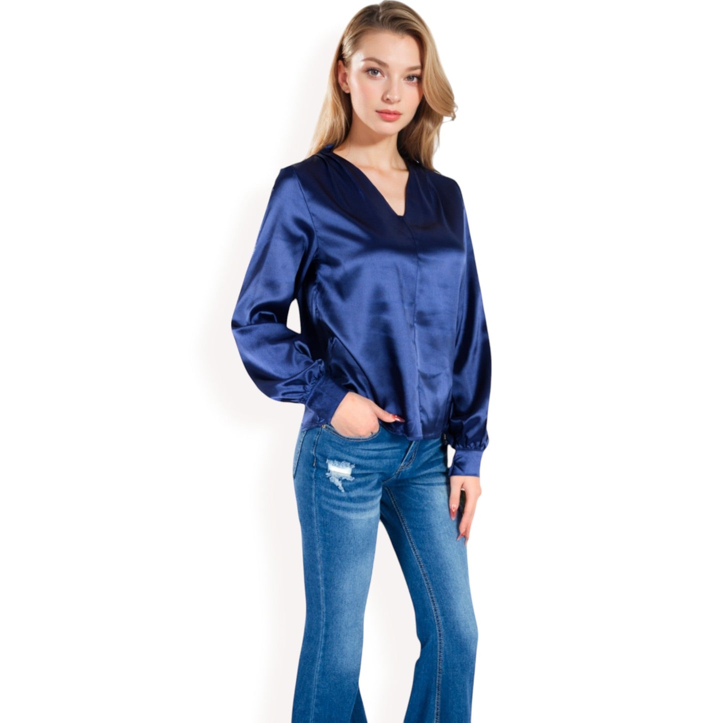 Satin V-Neck Blouse with Long Sleeves