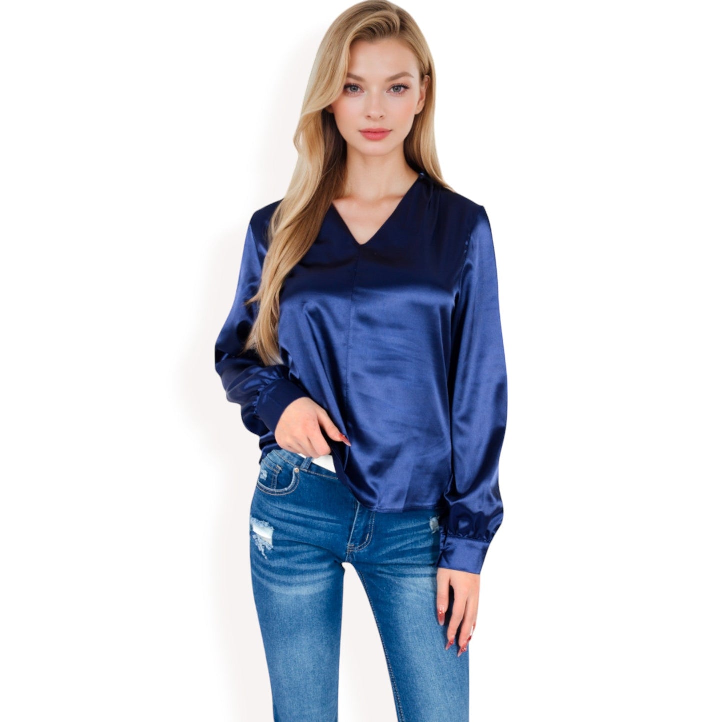 Satin V-Neck Blouse with Long Sleeves