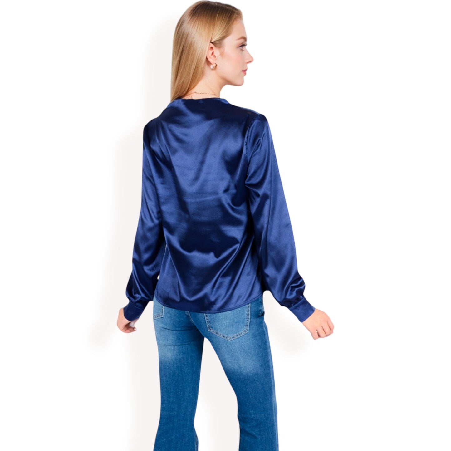 Satin V-Neck Blouse with Long Sleeves
